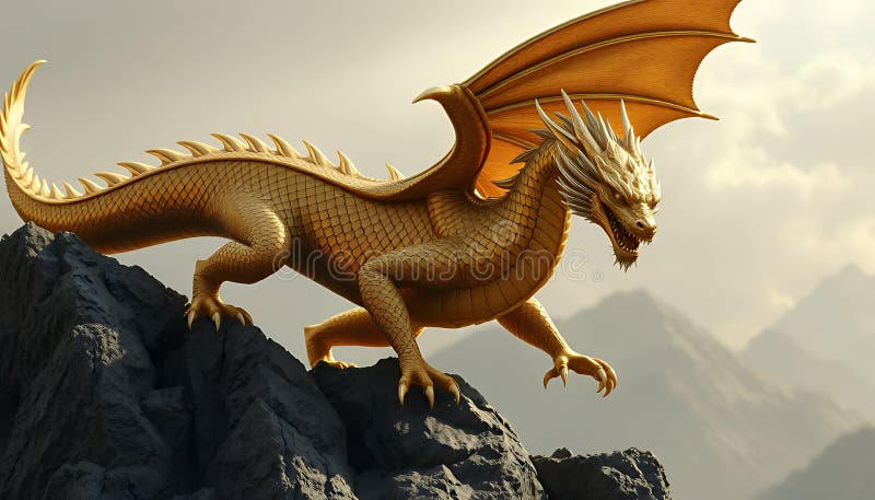 Detaliat Golden Dragon cu cântare pătate pe Rocky Peak luminat de Sunlight Fantasy Creature Art cu aripi Digital Render pentru mit stock illustration