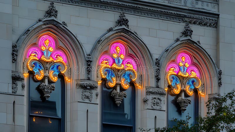Detalii despre construcția fațadei Windows Gothic Iluminat stock illustration