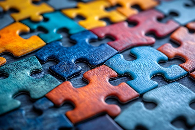 Detaliu macro al pieselor colorate din puzzle din lemn, interblocate pe suprafața neagră a lemnului stock illustration