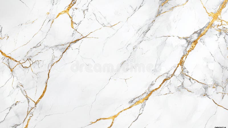 Detaljerad bild av vit marmor med delikat grå och guldvener som alstrats med AI. Detaljerad bild av vit marmor med delikat grå och guldvener. Marmornas yta är slät och glansigt reflekterande mjukt omgivningsljus som ger ett lyxigt och sofistikerat utseende.