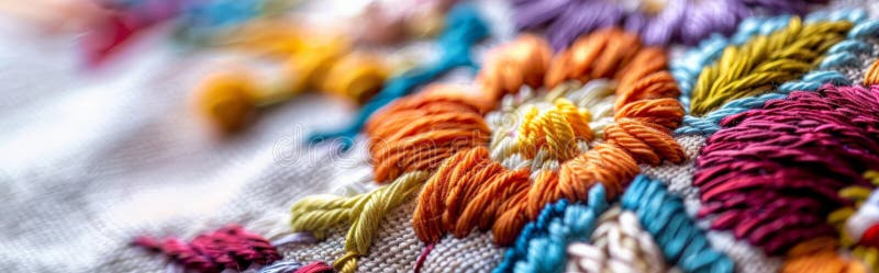 Detaljerad broderier med silkestråd. arkivbilder
