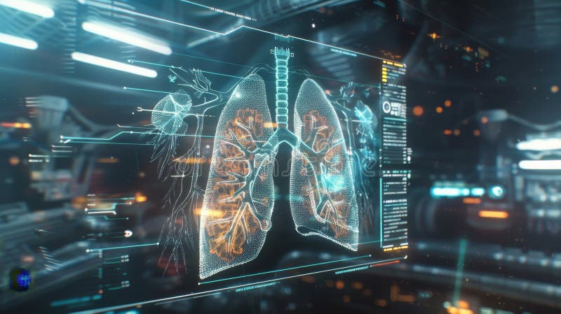 Detaljerad 3d- animering av humant andningssystem med lungbronkialträd och medicinska data vektor illustrationer