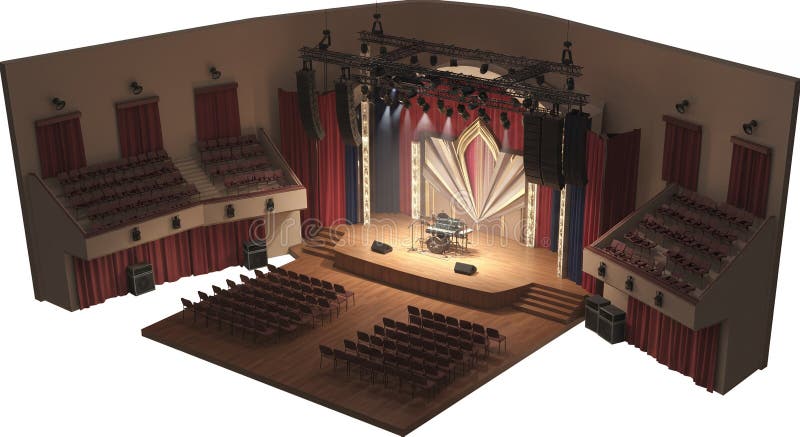 Detaljerad 3D-modell för konserthall inomhus med röd och blå dräneringstapp för sittplats och varmglödgning. En noggrant utarbetad 3D-modell visar en konserthall inuti en varm spotlight-glöd. Röda och blå draperier bildrutan på scenen. Sätesrader på en upphöjd plattform. Den här dioramlika vyn ger en känsla av skala och designdetaljer som är perfekt för att visa arkitektonisk visualisering eller teaterdesignkoncept ger en känsla av