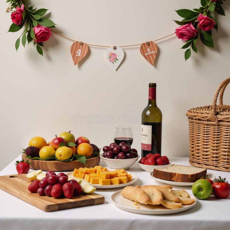 Detaljerad, handgjord utformning med en charmerande picknicksammansättning som är komplett med färska fruktvindruvor och livsmedel stock illustrationer