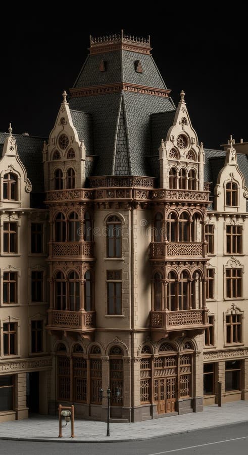 Detaljerad modell för en hörnbyggnad på natten royaltyfri illustrationer