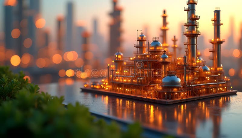 Detaljerad modell för ett industrikomplex i Lit på Dusk vektor illustrationer