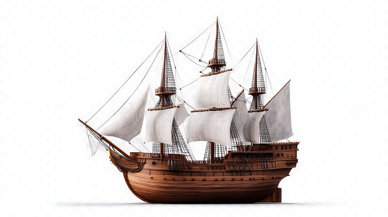 Detaljerad modell för ett 3-rostat träsegelfartyg med vit segel på vit bakgrund vektor illustrationer