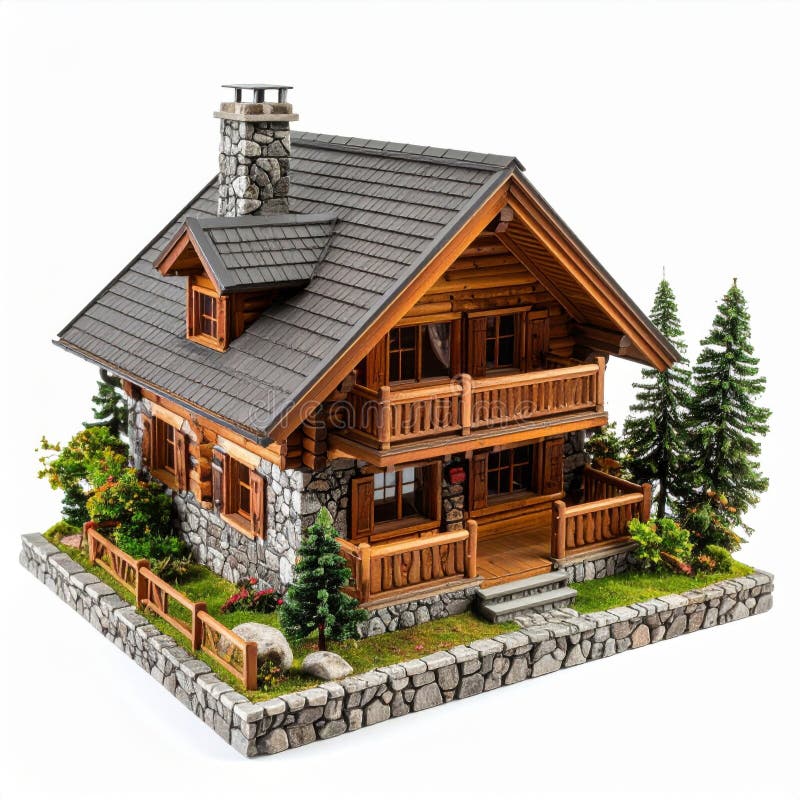 Detaljerad modell för ett Rustic Log Cabin med stenaccenter vektor illustrationer