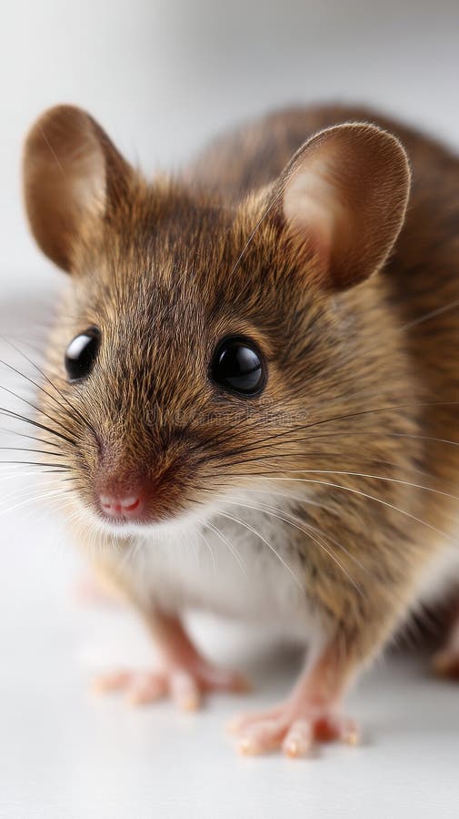 Detaljerad närhet till en brun viltlevande mus som visar sin rosa näsa glansig whisky och tassar på en vit yta arkivbilder