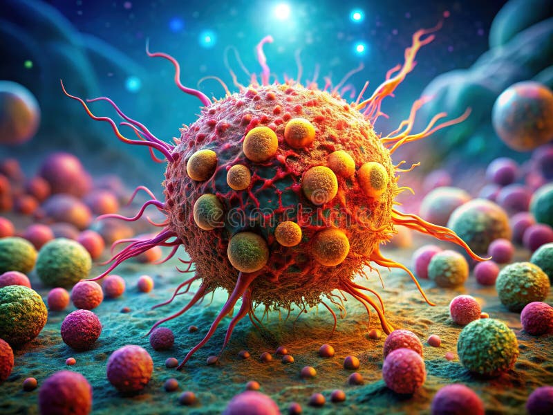 Detaljerad TiltShift Illustration av en cancercellstumor A Visual Aid for Medical Education and Cancer Awareness royaltyfri illustrationer