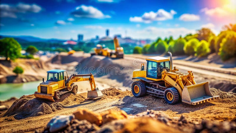 Detaljerad TiltShift Miniature Bulldozer och Excavator Diorama A Tiny Construction Site in Model Scale vektor illustrationer