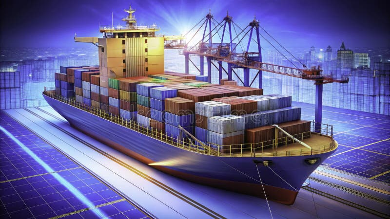 Detaljerad tippningsskiss över containerlastfartyg som är isolerad och transparent för sjöfart och logistik royaltyfri illustrationer