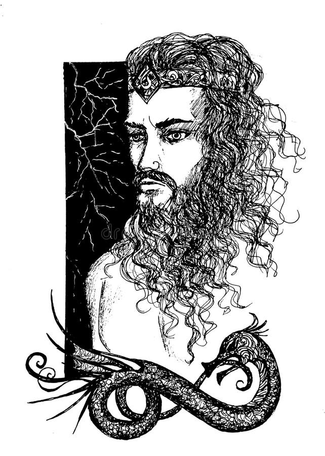 Detaljritning i svartvitt : Skandinavisk gud Thor i en ram med ormen Jormungandr vektor illustrationer
