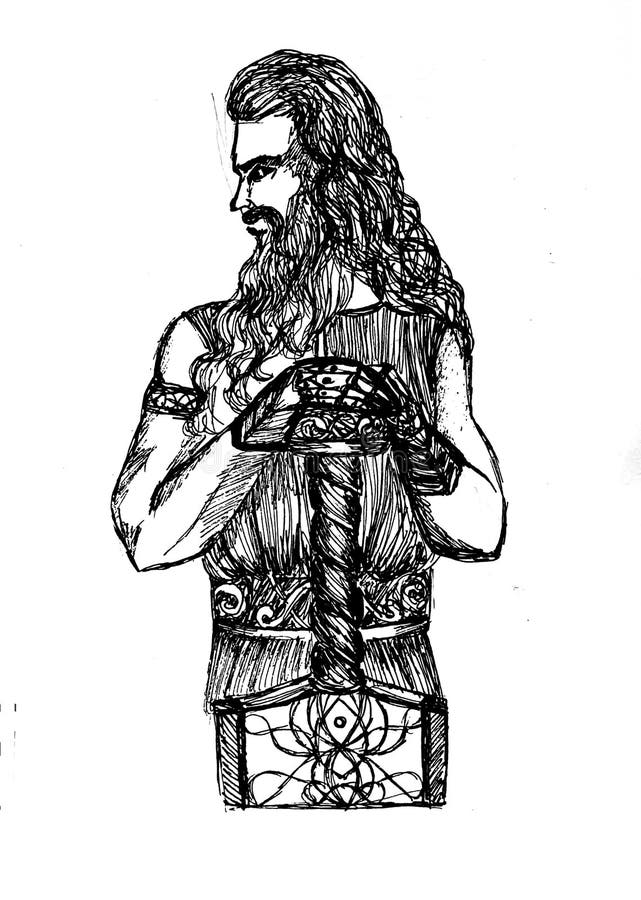 Detaljritning i svartvitt : Skandinavisk gud Thor med hammare royaltyfri illustrationer