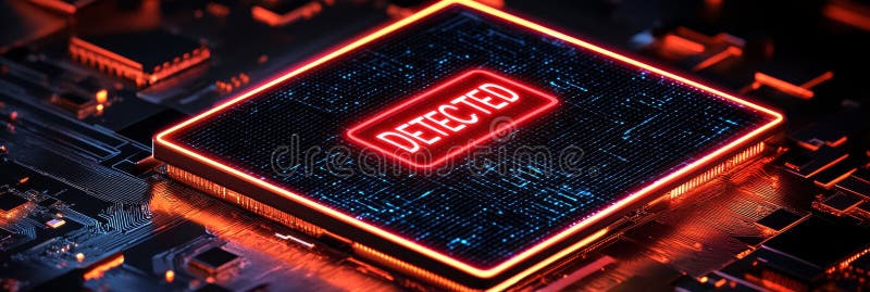 Detected Alert On Technology CPU Chip, Digital Circuit Board And Dangers Of Data Security stock illustration