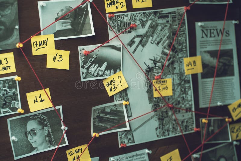Detective board with photos of suspected criminals, crime scenes and evidence with red threads, selective focus