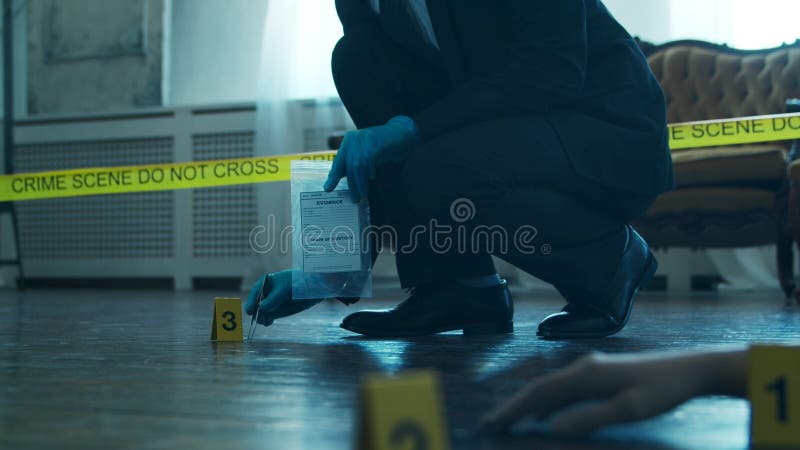Detective Collecting Evidence in a Crime Scene. Forensic Specialists