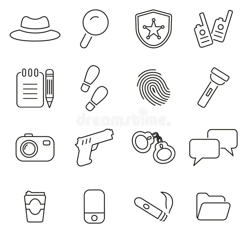 Detective or Private Investigator Icons Thin Line Vector Illustration Set