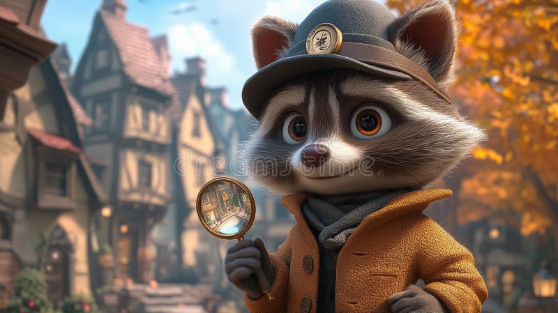 Detective procione che tiene una lente di ingrandimento in una scena autunnale animata illustrazione di stock