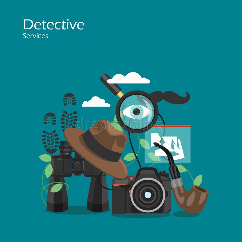 Detective services vector flat style design illustration. Magnifier, hat, binoculars, photo camera, smoking pipe etc. Spy or private investigator equipment and accessories for web banner, website page. Cartoon security camera vectors