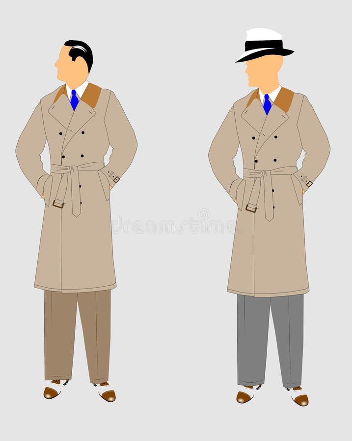 Detectives in trench coats from vintage era with fedora hat