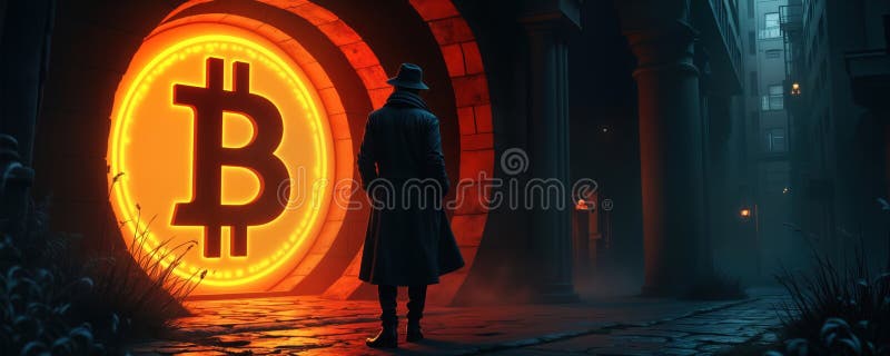 Detektiv utreder hemligt samhälle i mörk kryptovärld. står före logotypen för orange svart bitcoin. följer ledtrådar i royaltyfri illustrationer