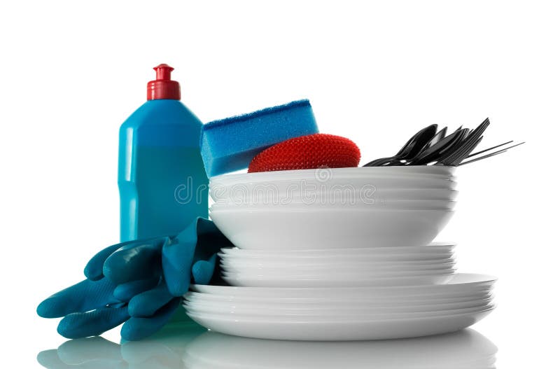 Detergent, Blue Gloves and Sponge, Stack of Clean Utensils Isolated on