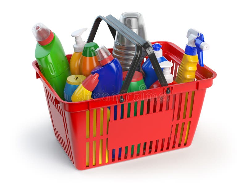Detergent butelki i cleaning dostawy w zakupy kosza isol ilustracji Detergent butelki i cleaning dostawy w zakupy kosza isol ilustracji