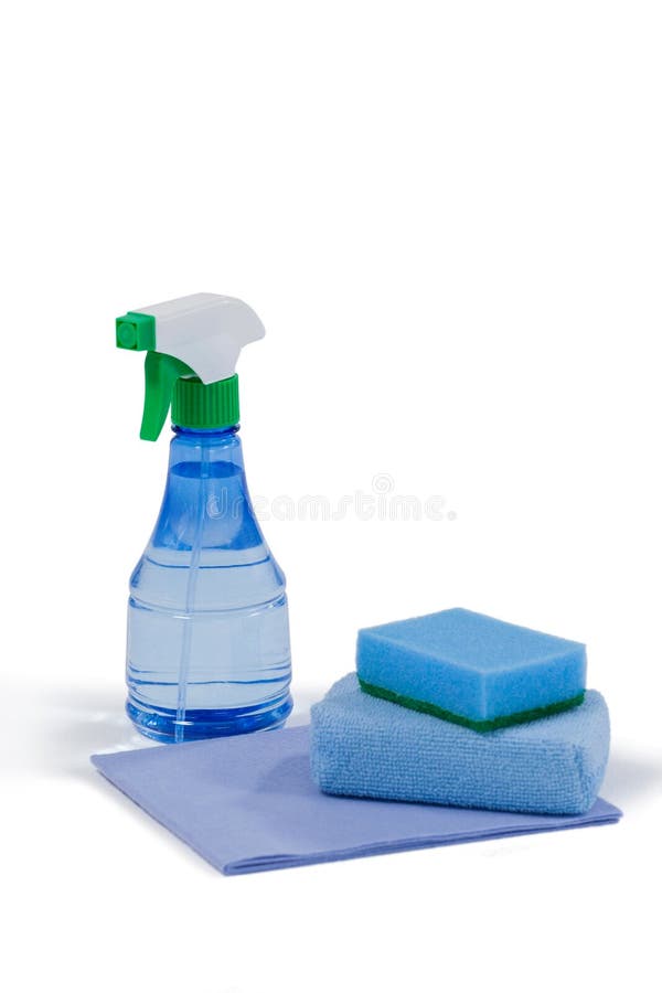Detergent Spray Bottle, Scouring Pad and Cleaning Pad on White