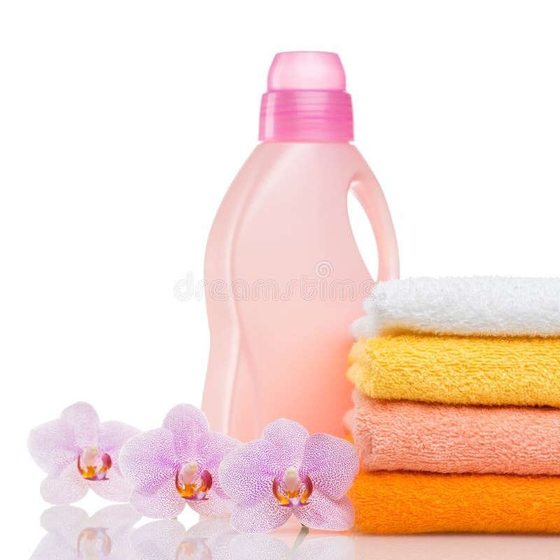 Detergent for Washing Machine in Laundry with Towels Stock Photo