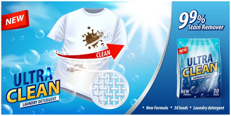 Detergente para a roupa, molde do vetor do anúncio do removedor de mancha Projeto do cartaz dos anúncios no fundo azul com t-shir ilustração do vetor Detergente para a roupa, molde do vetor do anúncio do removedor de mancha Projeto do cartaz dos anúncios no fundo azul com t-shir ilustração do vetor