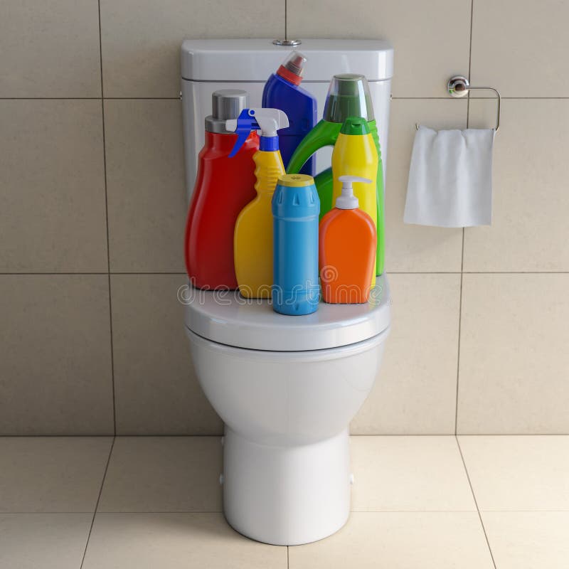Detergentów zbiorniki i butelki Czyści dostawy w wc łazienki toaletowym wewnętrznym backgrount Domowy cleaning usługa pojęcie ilustracji Detergentów zbiorniki i butelki Czyści dostawy w wc łazienki toaletowym wewnętrznym backgrount Domowy cleaning usługa pojęcie ilustracji