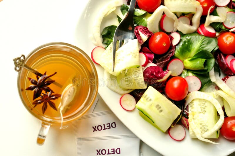 Detox diet with veggie salad and herbal tea