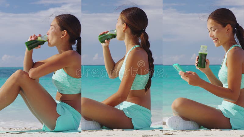 Detox verde limpie smoothie vegetal mujer beber jugo de jugo video vertical almacen de video
