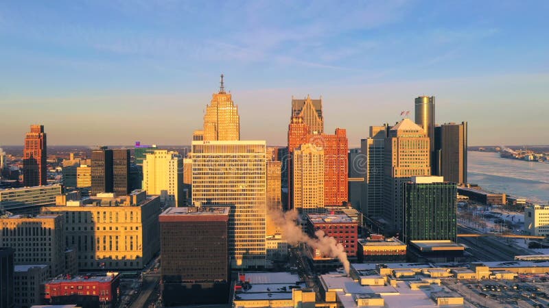 Detroit downtown winter sunset aerial Michigan