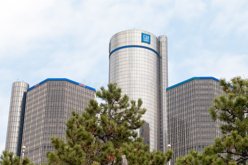 DETROIT, MI - 8 MEI: General Motors-Wereldhoofdkwartier waar de meerderheid van de verrichtingen van GM in Detroit van de binnens