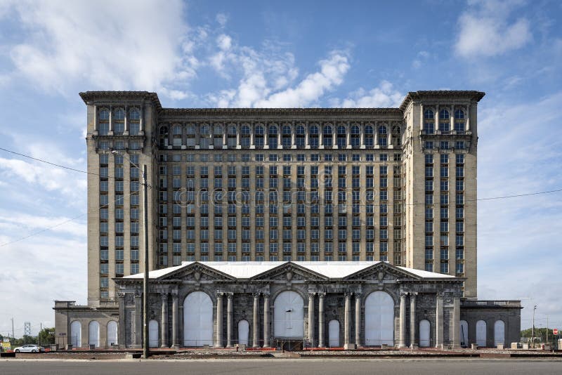 Michigan Central Railway Station. Detroit, Michigan, United States - August 17, 2019: A view of the old Michigan Central Station building in Detroit which served stock photo Michigan Central Railway Station. Detroit, Michigan, United States - August 17, 2019: A view of the old Michigan Central Station building in Detroit which served stock photo