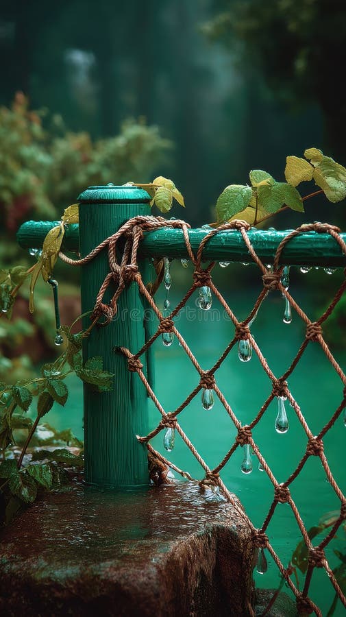 Dettaglio della recinzione di metallo verde con foglie per reti a fune e goccioline d'acqua in un giardino. Generato dall'AI