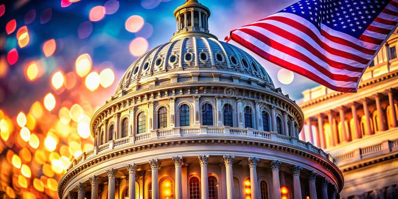 Dettaglio intricato del Capitol Dome americano e bandiera americana Una sorprendente interpretazione artistica dell'intelligenza a illustrazione di stock