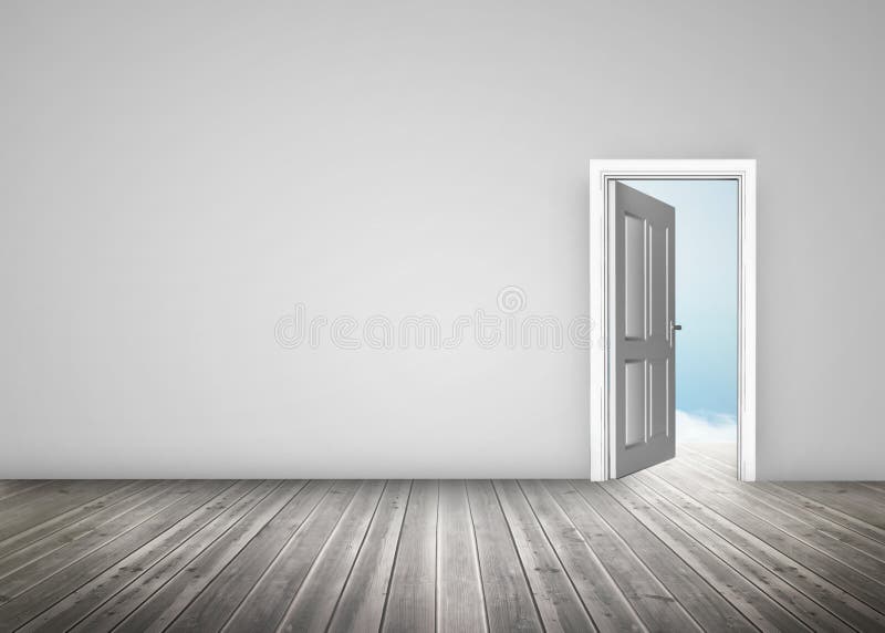 Deuropening die voor blauwe hemel in grijze ruimte openen stock illustratie Deuropening die voor blauwe hemel in grijze ruimte openen stock illustratie
