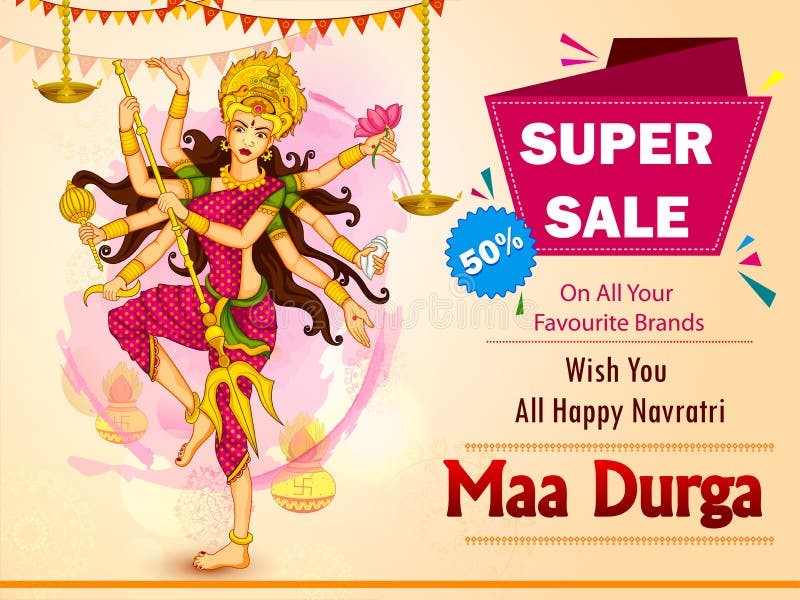 Deusa Durga para o fundo feliz da venda de Dussehra e da propaganda da promoção ilustração do vetor Deusa Durga para o fundo feliz da venda de Dussehra e da propaganda da promoção ilustração do vetor
