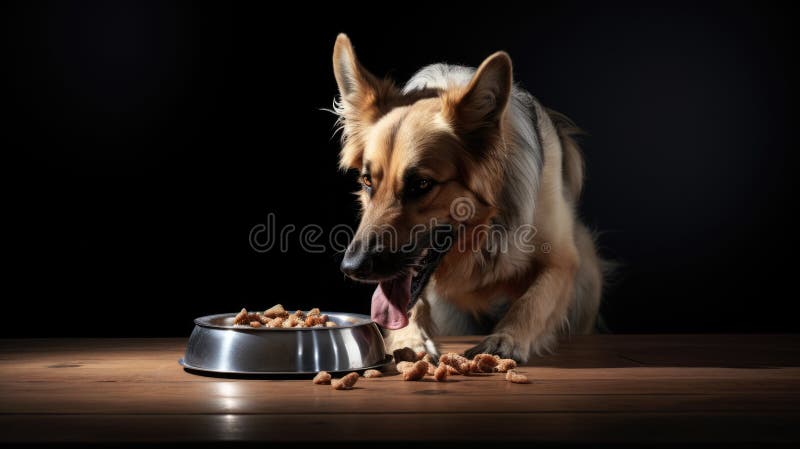 Deutsche Hirte neben einer Schüssel mit Hundefutter hängen. schwarzer Hintergrund. ai generiert stockbild