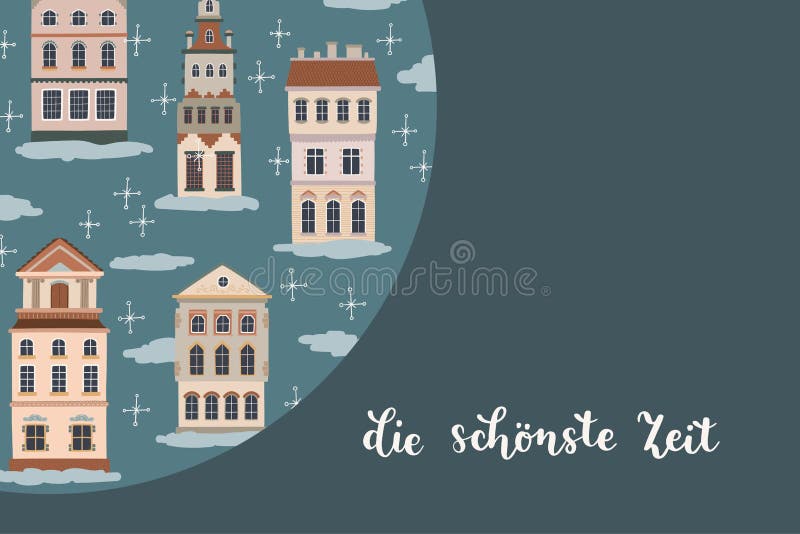 Deutsche Weihnachtsgrüße Kartendesign. gemütliche Winterhäuser im dunklen Hintergrund. stock abbildung