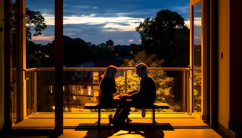 Two adults sitting at a table, backlit by a sunset generated by artificial intelligence AI generated. Two adults sitting at a table, backlit by a sunset generated by artificial intelligence AI generated