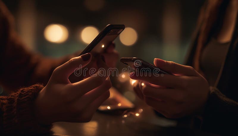 Two friends sitting outdoors, typing and dialing on smartphones generated by artificial intelligence. Two friends sitting outdoors, typing and dialing on smartphones generated by artificial intelligence