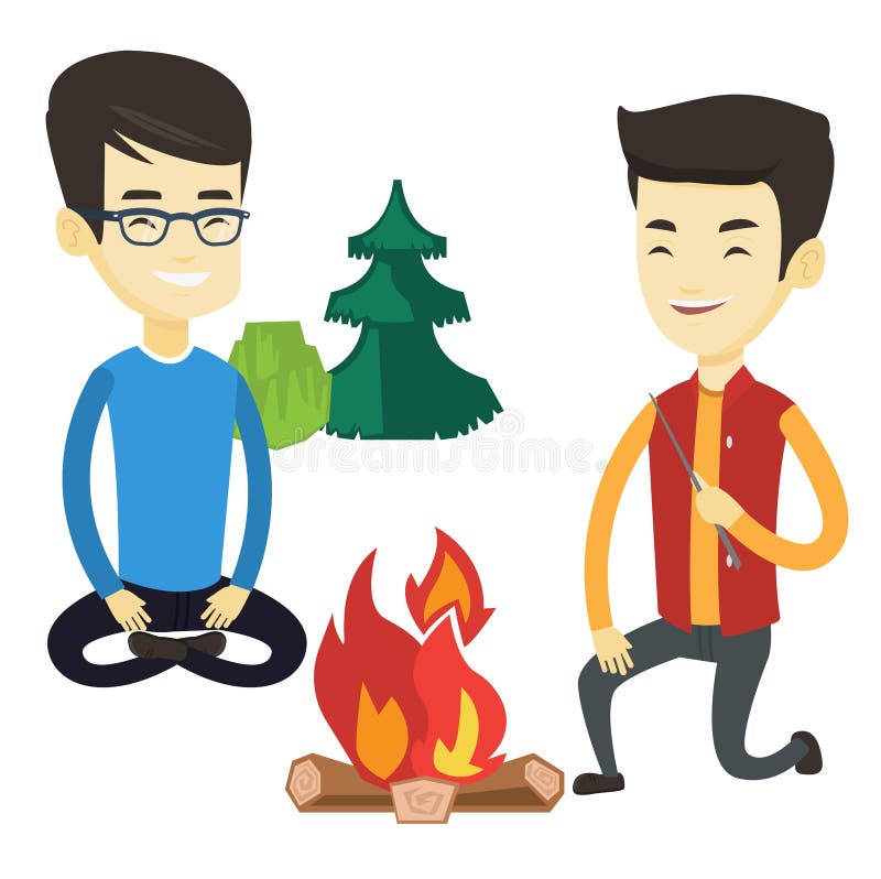 Deux amis s'asseyant autour du feu dans le camping