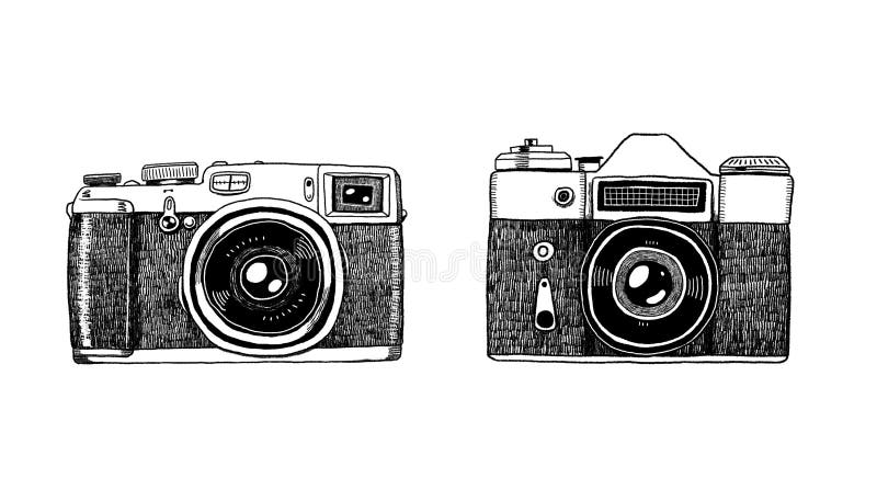Deux appareils-photo graphiques de film de vintage sur le fond blanc illustration de vecteur Deux appareils-photo graphiques de film de vintage sur le fond blanc illustration de vecteur
