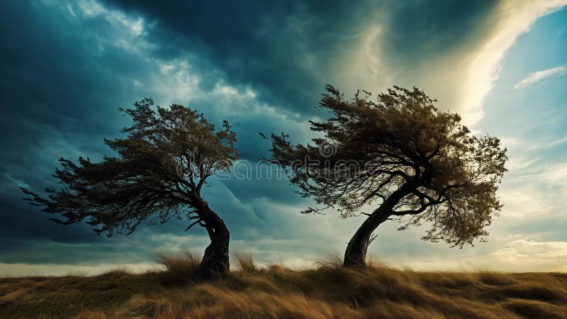 Deux arbres balayés par le vent sur un terrain herbeux sous un ciel nuageux spectaculaire concept nature et résilience illustration libre de droits