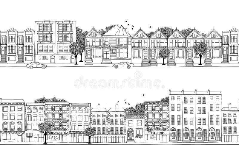 Deux bannières de ville avec les maisons victoriennes de style illustration libre de droits Deux bannières de ville avec les maisons victoriennes de style illustration libre de droits