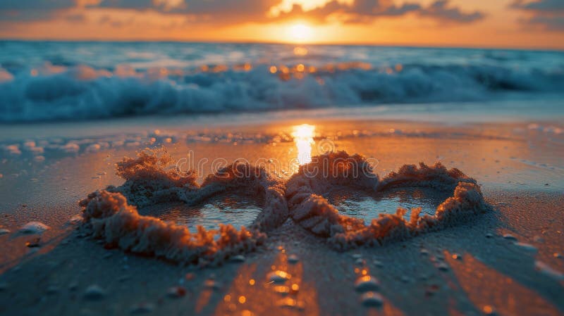 Two heart shapes carved into the sand on a beach, symbolizing love or a romantic gesture. AI Generative AI generated. Two heart shapes carved into the sand on a beach, symbolizing love or a romantic gesture. AI Generative AI generated